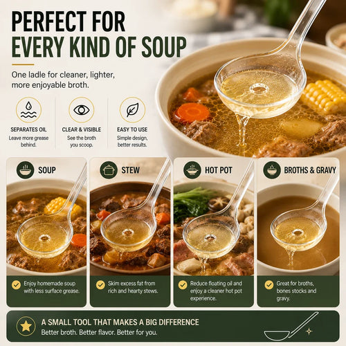 Fat Skimmer Ladle 🥣| Clear Oil Separator Spoon for Soup, Broth & Stew