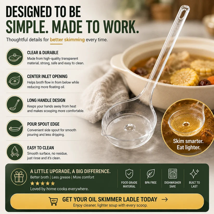 Fat Skimmer Ladle 🥣| Clear Oil Separator Spoon for Soup, Broth & Stew