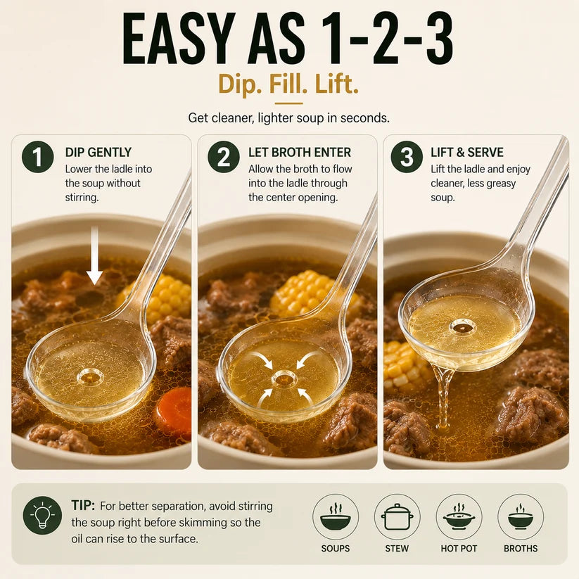 Fat Skimmer Ladle 🥣| Clear Oil Separator Spoon for Soup, Broth & Stew