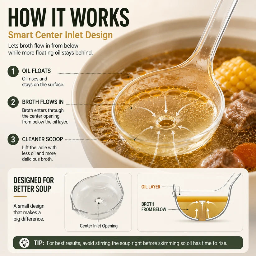 Fat Skimmer Ladle 🥣| Clear Oil Separator Spoon for Soup, Broth & Stew
