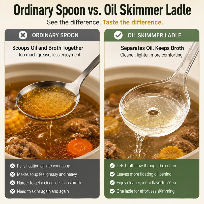 Fat Skimmer Ladle 🥣| Clear Oil Separator Spoon for Soup, Broth & Stew