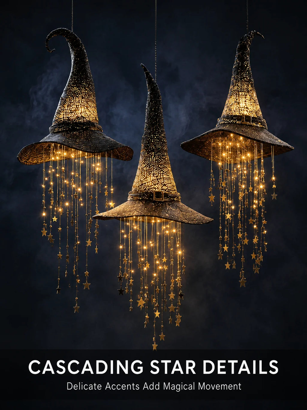 3-Piece Lighted Witch Hat Set with Cascading Stars