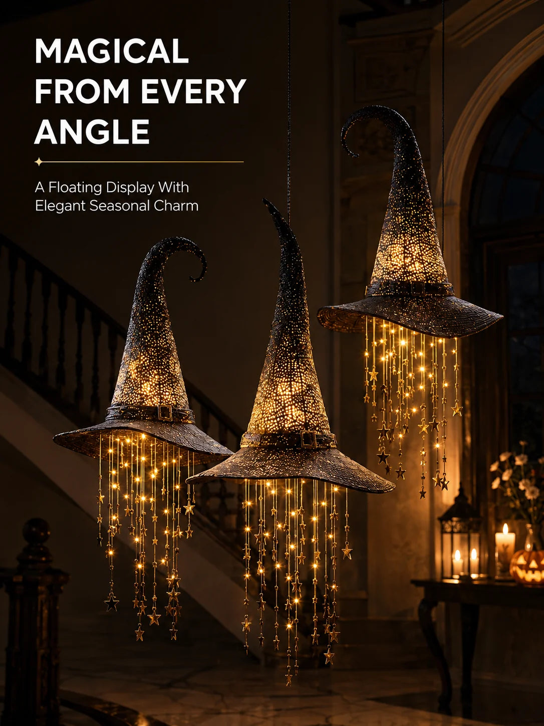 3-Piece Lighted Witch Hat Set with Cascading Stars