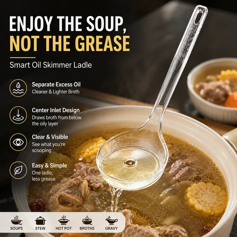 Fat Skimmer Ladle 🥣| Clear Oil Separator Spoon for Soup, Broth & Stew